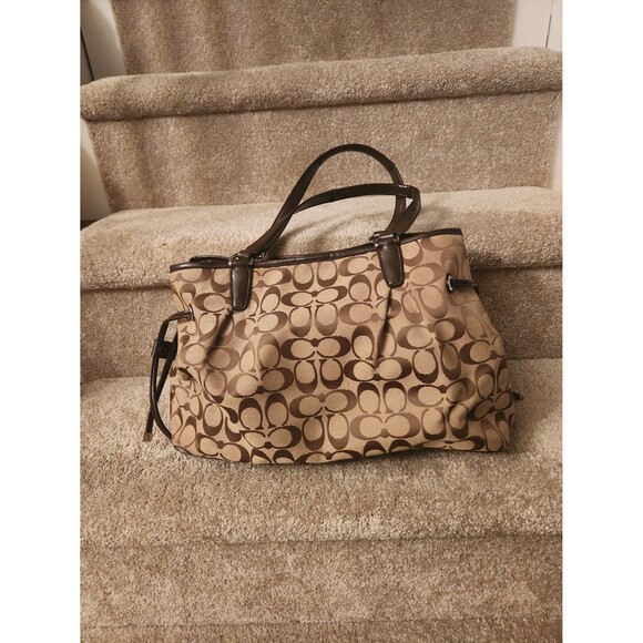 Coach Brown Jacquard Fabric Monogram Tote w/ Side Drawstrings & Leather Accents - Picture 5 of 11
